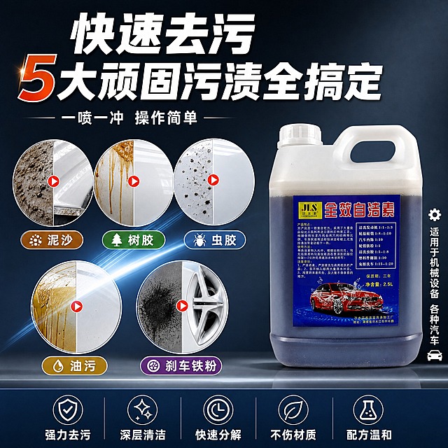[主图-2] 核心效果证明 强力去污 多种顽固污渍一网打尽。
[统一基调] 国内电商1:1主图，整体洁净专业工业清洁风，背景以深灰蓝渐变为主，搭配洁净白与高亮橙红强调色，主标题用粗黑体白色大字，辅助文字用浅灰或白色小号字体，图标用简洁线面结合风格，整体高对比清晰，传递专业强力去污感。
[画面] 产品桶位于画面右侧，约占画面40%，正面标签清晰。左侧为核心效果展示区，采用上下或左右分区方式，展示5种顽固污渍被清洁的视觉效果：泥沙、树胶、虫胶、油污、刹车铁粉，每种污渍用一个圆形小图展示清洁前后对比效果，圆形图整齐排列成两行。画面中央有一道光亮的清洁划过特效，象征去污瞬间。每个污渍图标下方标注对应名称。
[光影质感] 商业摄影质感，产品桶光影与首图一致，污渍对比小图清晰真实，油污有反光质感，铁粉有颗粒感，整体光影统一。
[配色] 深灰蓝背景，白色主标题，橙红色强调数字与重点，图标用不同颜色区分污渍类型但保持统一风格，整体色调统一。
[文字版式] 顶部大标题"快速去污 5大顽固污渍全搞定"，标题下方一行小字"一喷一冲 操作简单"。5个圆形对比图分两排排列，每图下方有短标签："泥沙""树胶""虫胶""油污""刹车铁粉"。右下角产品桶旁有竖排小字"适用于机械设备 各种汽车"。字体统一粗黑体，标题最大，标签文字小号清晰。
[输出要求] 1:1正方形，2048x2048，产品清晰，对比图真实，文字全部清晰可读，无变形错字，无水印无平台Logo，无杂乱元素。
