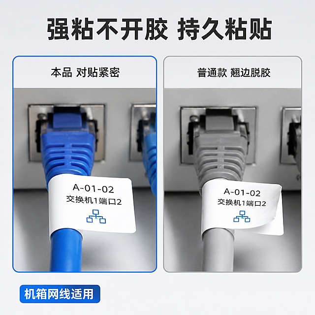 [主图-2] 强粘不开胶卖点展示图
[氛围风格] 真实对比，专业可信电商风
[画质] 商业摄影质感、光线均匀通透、产品清晰真实、画面干净高级
[元素] 左右分屏对比展示，左侧为“本品不干胶标签对贴粘贴在机箱网线接口处”，右侧为“普通标签翘边脱胶”。左侧画面完整展示本产品对贴后紧密贴合线缆，无翘边无气泡，粘贴牢固。右侧画面展示普通标签使用一段时间后翘边脱开。保持产品不干胶标签外观结构和材质真实，精细化处理，产品主体占比65%，左右对比清晰，背景统一纯净浅灰色，画面干净不杂乱
[光影] 整体均匀布光，左侧本品主光强化，让粘贴效果更清晰，光影对比自然，没有强烈阴影
[配色] 浅灰色背景为主，本品左侧用蓝色边框标注，文字使用深灰和蓝色对比，普通款右侧浅灰色边框，整体配色简洁专业
[视角构图] 左右对称对比构图，平视拍摄，整体画面完整，无裁切
[文字版式] 顶部居中大字标题“强粘不开胶 持久粘贴”，深灰粗体。左右分屏上方分别标注“本品 对贴紧密”和“普通款 翘边脱胶”，小号深色字体。左下角用蓝色底白字标注“机箱网线适用”，不遮挡产品。文字全部清晰可读，分布在负空间，不遮挡对比主体
[输出要求] 1:1 比例，文字清晰可辨，超高清商业摄影质感
[负向提示词] 变形，文字错乱，产品图模糊，背景杂乱，水印，电商平台Logo，贬低具体品牌