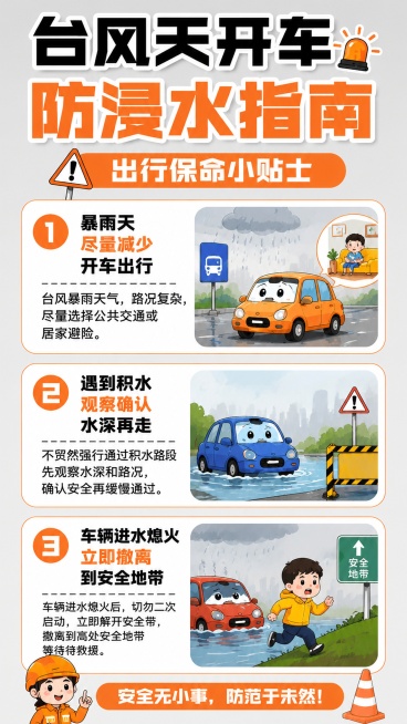 台风天开车防浸水指南科普海报，保持参考图版式骨架：顶栏大标题，橙色副标题条，三个带有序号的信息卡片分区，底栏标语。文字内容完全保留参考图：主标题"台风天开车 防浸水指南"，副标题"出行保命小贴士"，1预览效果