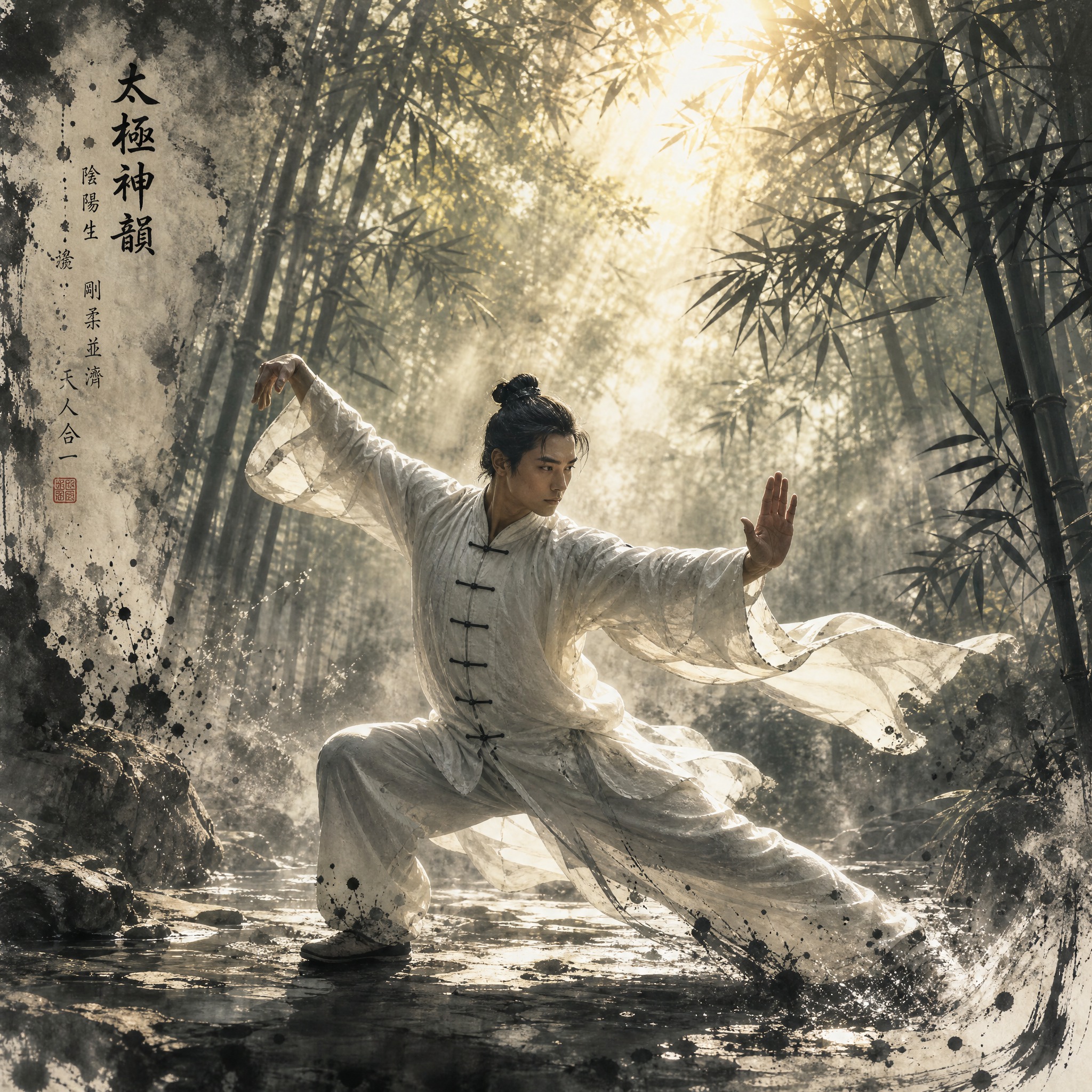 中国武术主题创意图片，一位身穿传统练功服的武者在竹林中施展太极… - 图片创意预览