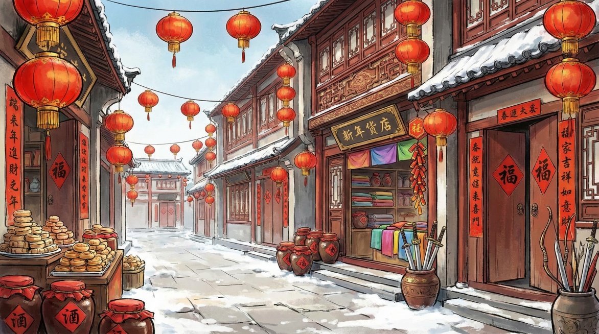 生成一张这张图中类似的街道场景，中国古代的街道背景，不要有任何的人物，拥有春节氛围，有灯笼、货物、古风门店等元素，2d的画风，武侠游戏宣传的风格预览效果