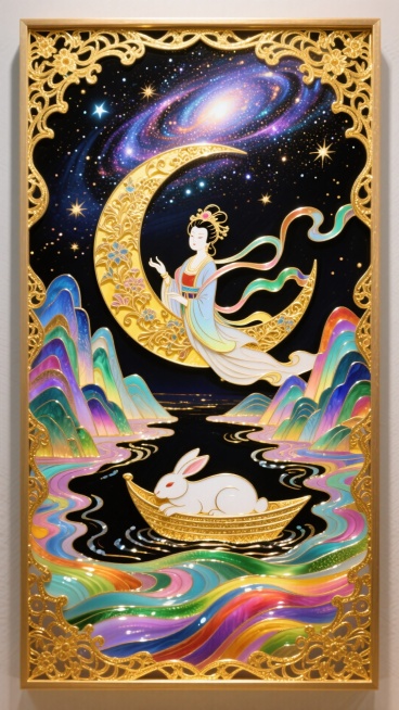 非遗剪纸工艺风格，画面上方是灿烂的宇宙星河，画面下方是五彩斑斓的江水，江水两岸是山峦，江水中间是一弯月亮船，月亮船上有仙气飘飘的嫦娥，嫦娥在整体画面的中心，玉兔在月亮船上安稳得睡着，整体是金灿灿的暖色预览效果