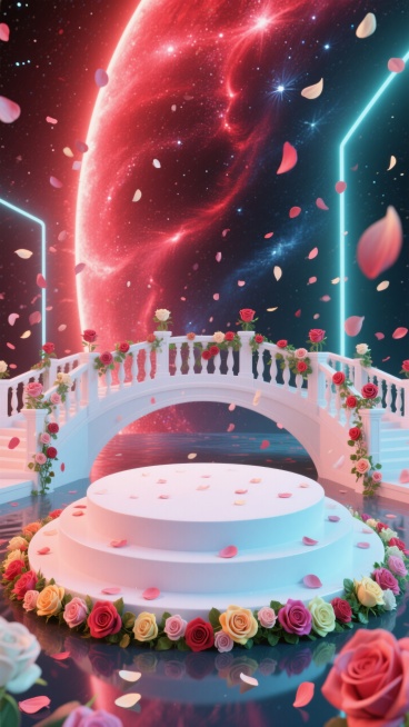 五彩斑斓的白色圆形展台，展台边缘缠绕着一圈玫瑰花，展台后面有白色桥，桥上栏杆缠绕着玫瑰花，玫瑰花瓣雨，背景是红色星云，霓虹光效。预览效果