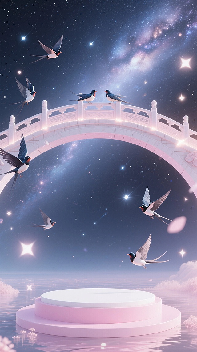 银河鹊桥悬浮于星空，鹊桥前面有一个梦幻粉白色圆形展台，喜鹊飞舞，柔光粒子飘散。
