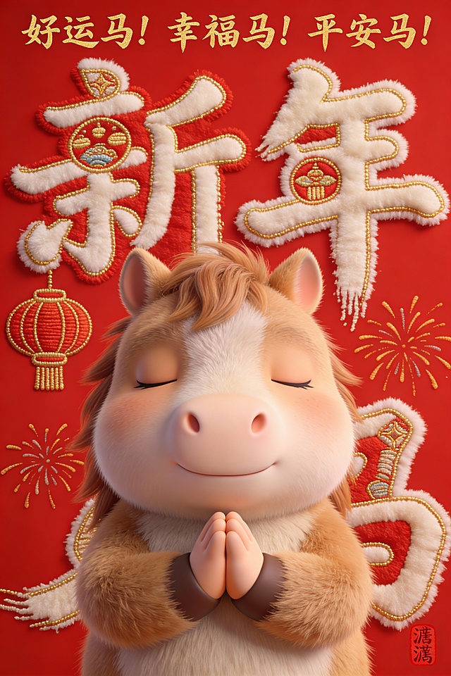 3D拟人小马闭眼合十，毛发生长细腻，刺绣风“新年”字样搭配灯笼烟花，喜庆卡通感十足，传递春节祝福。