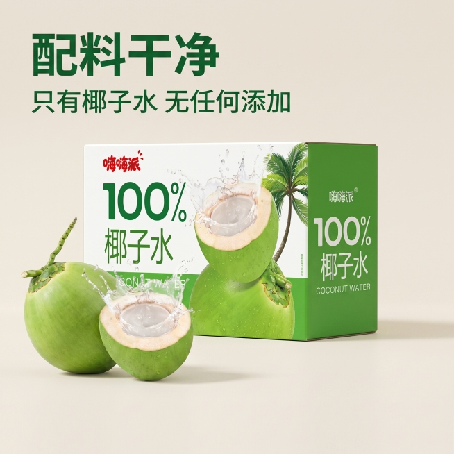 [主图-3] 配料干净卖点展示主图。
[氛围风格] 简约干净，突出品质安心；
[画质] 商业摄影质感、光线柔和通透、产品清晰真实、画面干净高级。
[元素] 嗨嗨派100%椰子水包装盒放在画面中心偏右，预览效果
