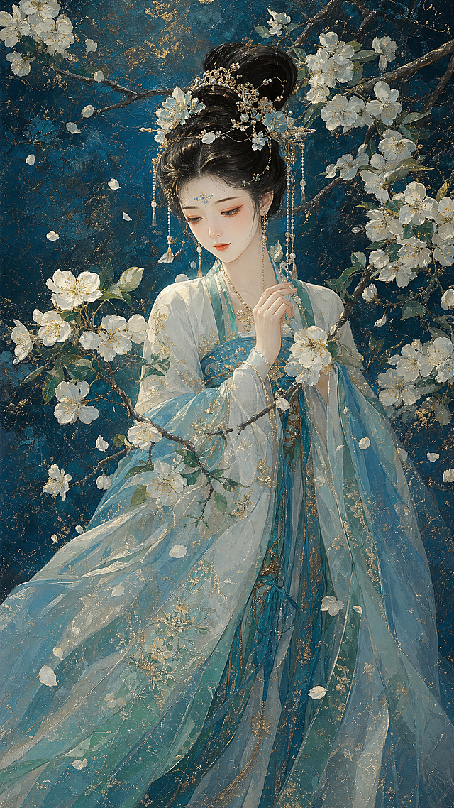 新国风古风仕女插画，中式工笔重彩，厚涂油画刮刀肌理质感，斑驳岩彩纹理，细碎闪金金粉点缀，唐代温婉古典美人，精致花钿妆容，高盘古风发髻搭配珠花头饰，飘逸广袖汉服襦裙，满树白色梨花花枝环绕，漫天飘落花瓣，深邃渐变青蓝色肌理背景，清新蓝绿配色，柔和氛围感光影，超高细节，细腻发丝布料花纹，8K 高清，极致华丽雅致画面