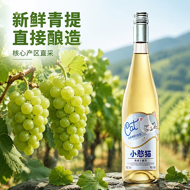 [主图-2] 核心亮点溯源-青提原料产地展示主图。
[氛围风格] 新鲜青提果园产地氛围，真实可信，商业摄影质感。
[画质] 商业摄影质感、光线柔和通透、产品清晰真实、画面干净高级。
[元素] 画面左侧是满挂枝头的新鲜青提园实景，青提饱满翠绿带水珠，右侧完整展示小憨猫青提子露酒产品，产品占比约45%，产地青提占比约55%，构图平衡。保持产品外观、标签颜色设计与输入产品图一致，杜绝变形色差。
[光影] 自然日光斜照，突出青提新鲜翠绿和酒液通透，整体明亮自然，产地氛围浓郁。
[配色] 主色调为青提绿色搭配酒瓶浅黄，整体清新自然，突出新鲜原料。
[视角构图] 平视构图，原料+产品左右分开展示，景深适中，主体清晰。
[文字版式] 左上负空间放置「新鲜青提 直接酿造」绿色大字，下方小字「核心产区直采」字号缩小，文字不遮挡主体，清晰可读，符合拼多多直白风格。
[输出要求] 1:1比例，文字清晰可辨，超高清商业摄影质感；
[负向提示词] 变形，文字错乱，产品图模糊，背景杂乱，水印，电商平台Logo。