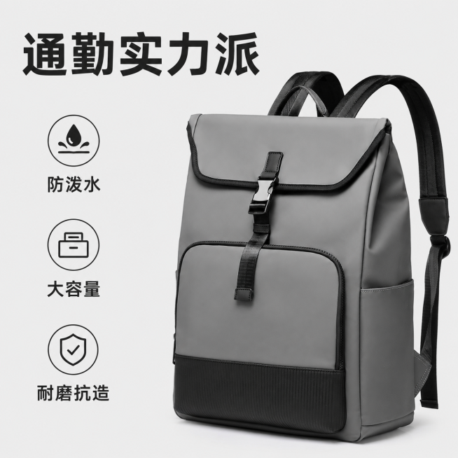 [主图-3] 核心卖点展示
[氛围风格] 简约高级商务风，清晰突出卖点
[画质] 商业摄影质感、光线均匀、产品清晰真实、画面干净高级
[元素] 保持双肩包外观、材质、颜色与原图绝对一致，无变形无色差。预览效果