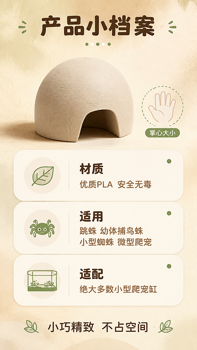 [商品] 使用【图7】素椰白款素胚仿真椰子躲避屋；保留半球形、宽口洞口、米色素胚磨砂质感；产品角度端正，作为规格展示标准照。
[画面] 第9张 产品信息与选购指南，目标清晰展示产品核心信息和适用范围，帮助买家快速判断。竖版9:16，采用上产品下信息的构图。上方约40%是产品正面标准照，放置在干净的暖米色背景中央，产品下方有柔和接触阴影，旁边有手掌大小参照示意（用一个简约手掌图标对比大小，标注「掌心大小」相对尺寸概念，不写精确数字）。下方约60%是三个圆角奶白色信息卡片纵向排列：①第一张卡片「材质」配叶子图标，写「优质PLA 安全无毒」；②第二张卡片「适用」配小蜘蛛图标，写「跳蛛 幼体捕鸟蛛 小型蜘蛛 微型爬宠」；③第三张卡片「适配」配缸体图标，写「绝大多数小型爬宠缸」。卡片之间有均匀间距，整体排版清爽软萌。
[视觉] 套系策略：风格=自然森系高级治愈商业摄影；标题字=圆润粗黑无衬线体（萌系圆角）；正文字=细圆体；主色=暖棕米色；背景延展=基于暖棕米色做深浅渐变、同色系层次、细腻纸张质感；强调色=苔藓绿+奶白色，仅用于小面积图标、引线、标签和装饰圆点；标题色=深棕褐色；正文色=中暖棕色；组件=圆角半透明奶白卡片、细线手绘风图标、圆点装饰；光影=柔和均匀正面光，产品清晰端正。
[文字] 产品上方大标题「产品小档案」，下方三张卡片各有小标题和简短说明，文字清晰易读，手机端友好。底部一行「小巧精致 不占空间」。
[规格] 图片比例9:16竖版，4K，信息清晰排版整齐，避免编造精确尺寸数据、绝对化用语、变形、错字、水印、平台logo。