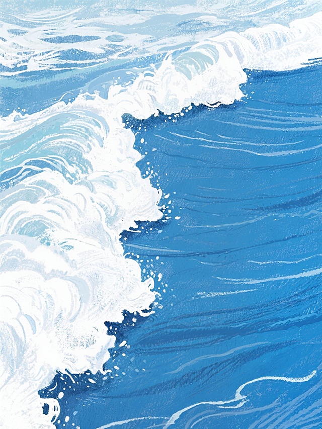 手绘风格的海浪特写，画面左侧是翻涌的白色浪花，右侧是平静的深蓝色海水，浪花边缘呈不规则的锯齿状，海水表面有自然的波纹肌理，整体色调以蓝色和白色为主，笔触具有手绘的质感和纹理，营造出清新自然的海洋氛围。