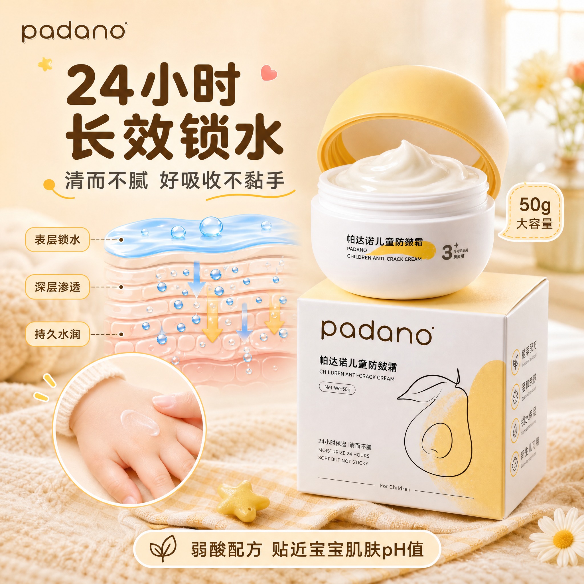 [主图-2] 帕达诺儿童防皴霜50g大白瓶 核心功能24小时锁… - 图片创意预览