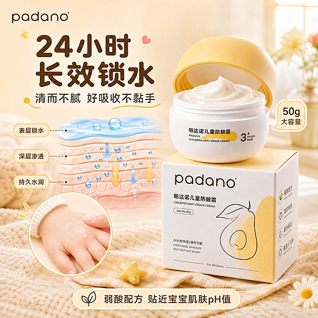 [主图-2] 帕达诺儿童防皴霜50g大白瓶 核心功能24小时锁水保湿机理可视化 温馨居家秋日风格
[统一基调] 整体风格温馨居家秋日感 暖奶油米白主色 鹅黄辅助色 珊瑚红强调色 圆润黑体标题 圆角胶囊卖点标签 柔和自然窗光 干净通透 宝宝肌肤友好 安全可信 柔软包裹感 padano品牌logo放左上角
[画面] 产品为帕达诺儿童防皴霜大白瓶，位于画面右侧，约占40%，正面微侧视角，瓶盖微微打开露出里面奶白色膏体。左侧为功能机理展示区：用放大的宝宝肌肤横截面示意图表现保湿原理，表层有一层透明水润保护膜，无数细小水滴从面霜中渗透进肌肤层，用柔和的蓝色流线箭头表示水分渗透方向。肌肤示意图下方有一个小圆形画中画，展示宝宝小手涂抹面霜后的水润光泽肌肤特写。背景为浅米色渐变，底部有淡淡的针织纹理。
[光影质感] 商业摄影质感 右上方柔和主光 左下方补光 产品立体感强 膏体呈现绵密奶霜质感 机理示意图部分干净通透 线条柔和 整体光影均匀柔和
[配色] 背景浅米色渐变 产品奶黄+白色 机理示意图浅肤色底 水滴淡蓝色 流线箭头鹅黄色 标题深棕色 辅助文字深灰色
[文字版式] 左上角padano品牌logo。左侧上方大标题"24小时长效锁水"深棕色圆润粗黑体 分两行。标题下方副标题"清而不腻 好吸收不黏手"深灰色稍小字号。中间机理图旁配三个小标签："表层锁水""深层渗透""持久水润" 圆角小标签 浅黄底深棕字。右侧产品旁标注"50g大容量"小标签。底部一行小字"弱酸配方 贴近宝宝肌肤pH值"。
[输出要求] 1:1正方形 文字清晰可读 产品清晰完整 无变形 无错字 无模糊 无杂乱 无水印 无平台logo 无医疗暗示 无夸张对比