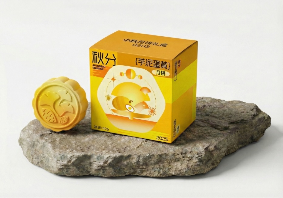 将月饼放置在包装旁边的石块上，与包装靠近预览效果