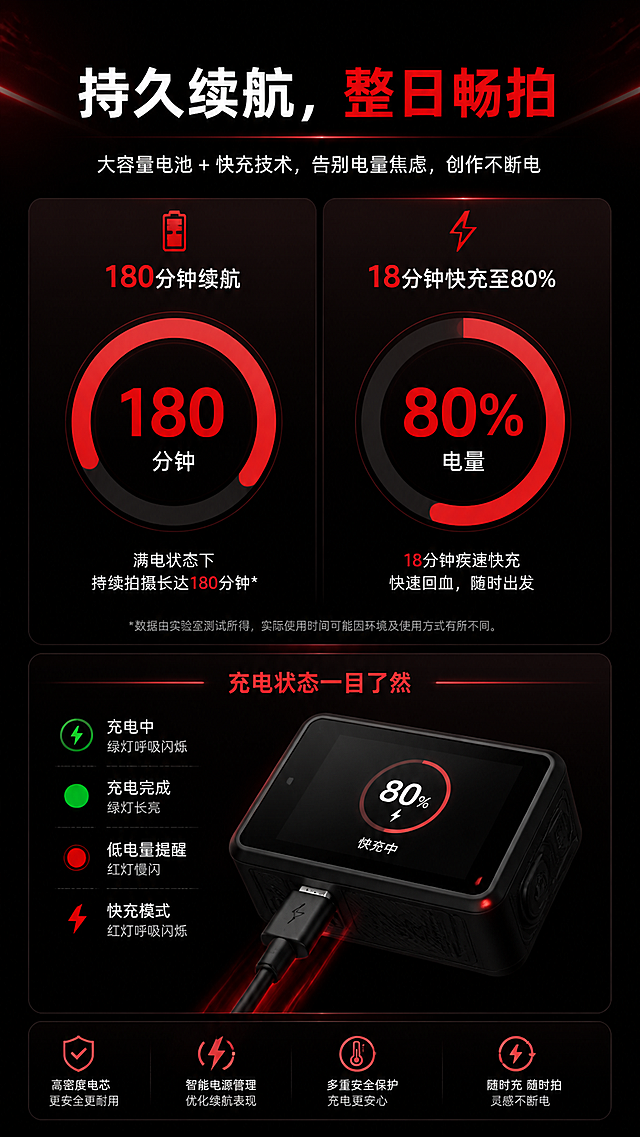 详情页续航卖点模块，"持久续航，整日畅拍"为标题，数据可视化设计：用环形图展示 "180分钟续航" "18分钟快充至80%"，搭配充电状态示意图，解决用户电量焦虑，黑红配色，信息清晰直观，黑红科技风，文字清晰，排版专业，不要模糊、低分辨率、像素化、文字错误