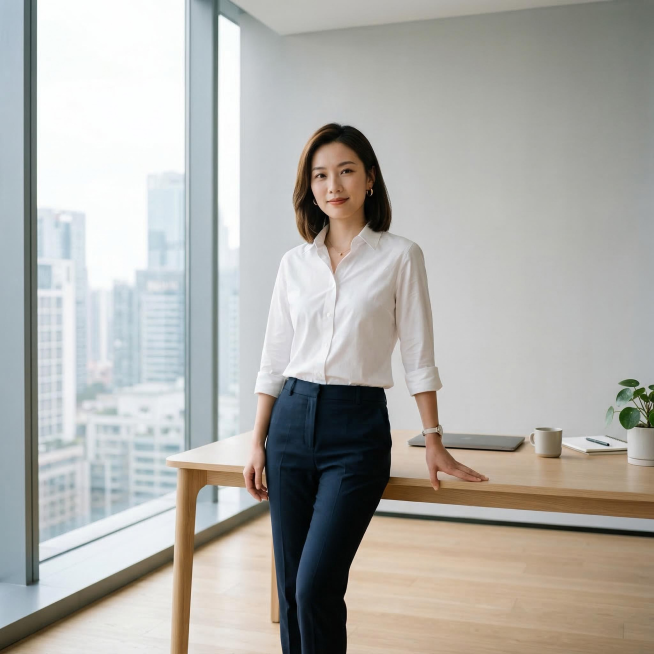 同一位模特穿高级感通勤白衬衫，保持同一个浅灰色极简办公空间室内背景，干净落地窗，城市柔和光影，现代简约办公桌，整体干净高级、明亮通透，无杂乱元素，专业职场氛围，柔和自然光从侧面洒入，现在姿势为：单手扶预览效果
