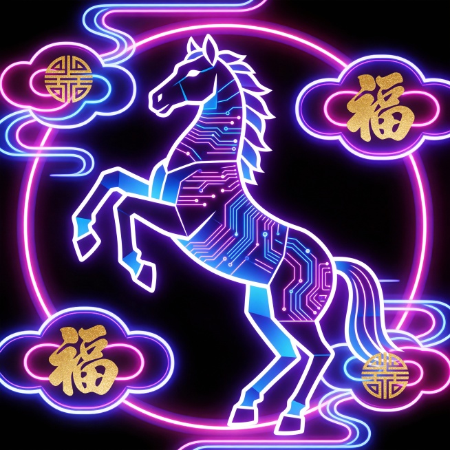 赛博朋克风格的生肖马形象，马的轮廓由流畅的几何线条拼接而成，姿态昂首扬蹄，充满动感。马身覆盖着发光的电路板纹理，以紫色、蓝色、粉色等霓虹色调为主，局部点缀金色。背景为深邃的黑色，马的周围环绕着由霓虹线预览效果