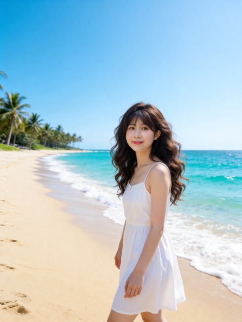 生成海边人像写真（基于参考图1沙滩场景风格），人物必须高度还原参考图2中年轻女生的五官比例与脸型，重塑自然大波浪卷发适配海边风格，绝对禁止多余配饰；自然清新人像摄影风格，明亮通透质感，悠闲松弛氛围感，预览效果