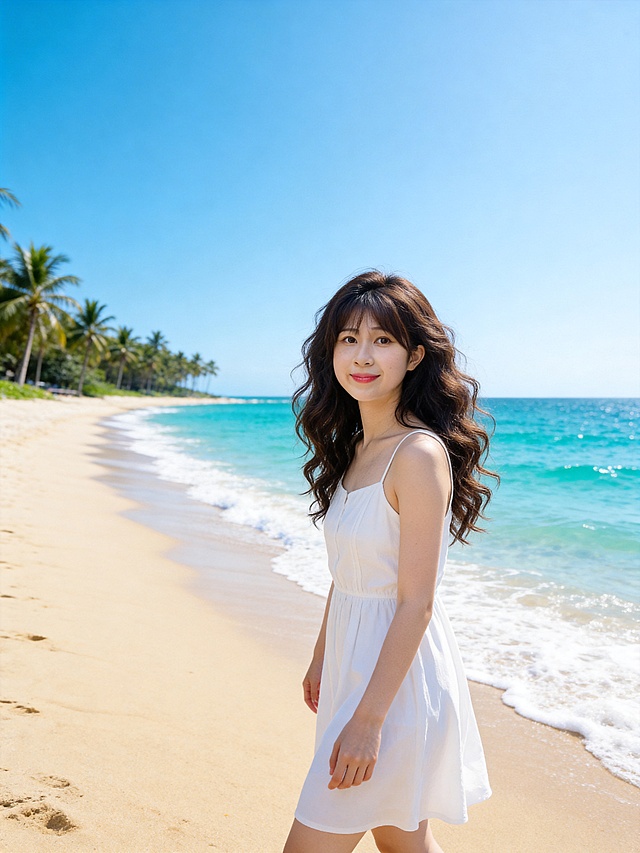 生成海边人像写真（基于参考图1沙滩场景风格），人物必须高度还原参考图2中年轻女生的五官比例与脸型，重塑自然大波浪卷发适配海边风格，绝对禁止多余配饰；自然清新人像摄影风格，明亮通透质感，悠闲松弛氛围感，明亮日光，柔和沙滩光影，澄澈蓝青色彩色调，清透奶油肌，真实皮肤纹理，白皙通透，细腻无瑕，年轻女生身穿简约白色连衣裙，漫步在金色沙滩上，面朝镜头带着浅浅微笑，海浪轻轻拍打着岸边沙滩，远处是澄澈蓝绿色海洋和晴朗蓝天，海边椰树林点缀在远处，自然中景构图，视角平视，分辨率4k，电影级光影质感，商业人像摄影级别，画面比例3:4