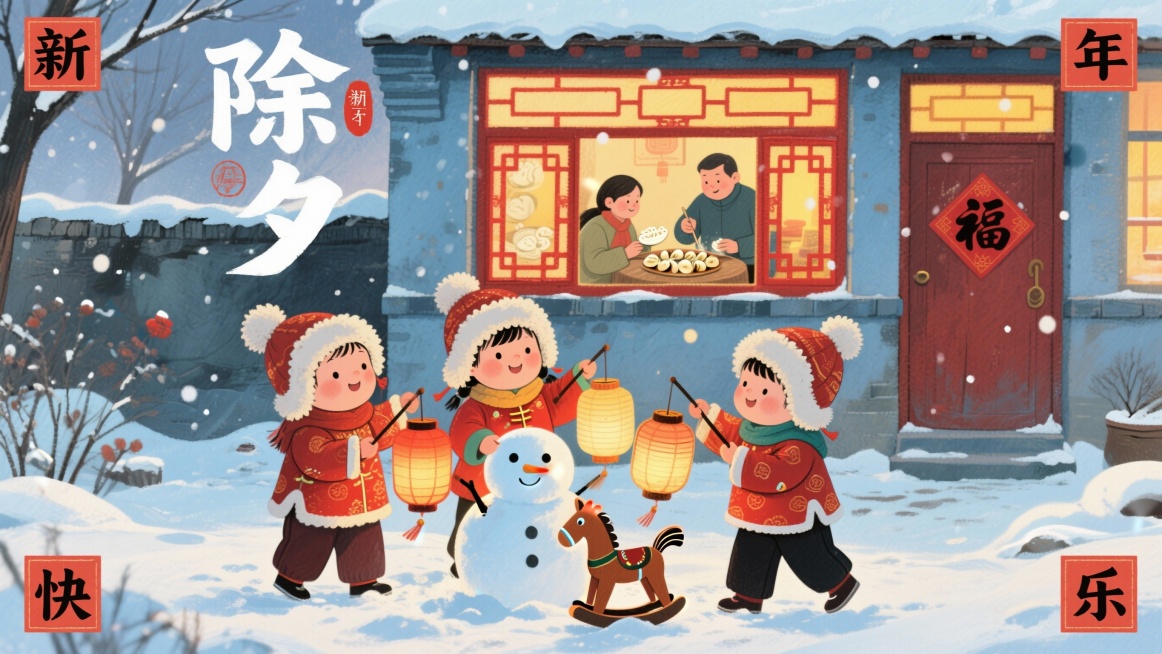 3个儿童穿着喜庆的中国风衣服，手里拿着中式小马灯笼，头上戴着暖和的毛绒帽子，一起在农村院子里堆雪人，背景是农村喜庆的农家小院，窗户上是红色窗花，门上贴着福字，窗口透出暖黄色的光，从窗户能看到一家人在一预览效果