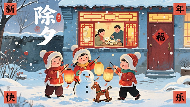 国潮风插画，拟人化孩童手持灯笼嬉戏雪中，屋内全家包饺子，暖黄灯光映衬喜庆温馨，水彩质感与剪纸元素融合，传递除夕团圆乐。