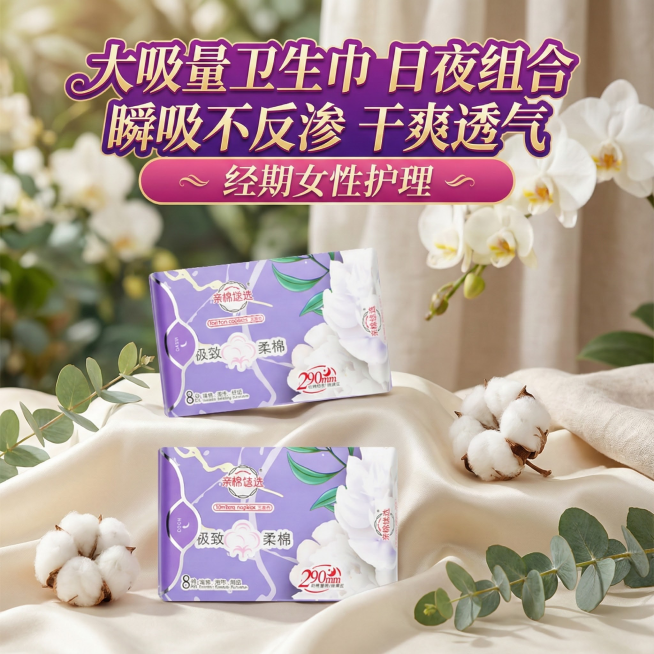 我是网店卖家，产品是女士生理期用品卫生巾，，根据你的经验帮我生成一个电商主图，/提升一些包装质感，切记不要出现网络违禁词,略微提升质感包装袋生成的包装主体不能改变，/背景可以更换更适合产品的高级背景/预览效果