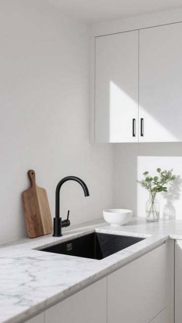 极简主义风格厨房，纯净白色墙面，自然光斜射形成明亮光影对比，白色大理石台面带灰色纹理，嵌入式黑色水槽配黑色弯曲水龙头，左侧木质砧板，台面上白色陶瓷碗，右侧透明玻璃花瓶插着绿色植物，下方白色橱柜配黑色细长拉手，整体呈现简约、干净、现代的设计感，空间通透，线条利落，色调统一和谐。预览效果