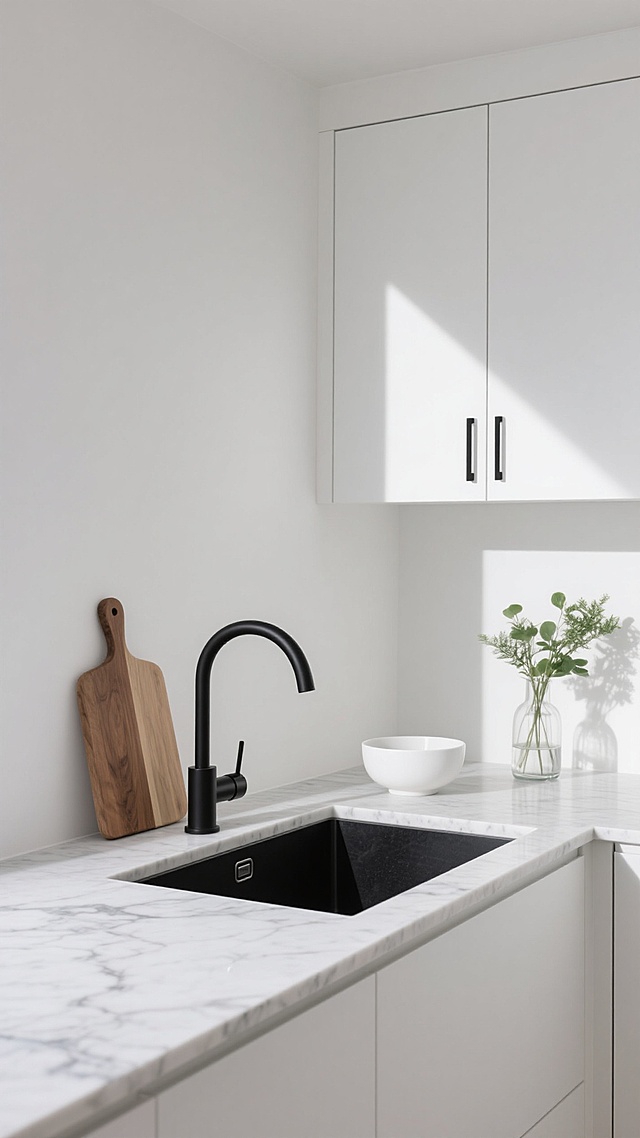 极简主义风格厨房，纯净白色墙面，自然光斜射形成明亮光影对比，白色大理石台面带灰色纹理，嵌入式黑色水槽配黑色弯曲水龙头，左侧木质砧板，台面上白色陶瓷碗，右侧透明玻璃花瓶插着绿色植物，下方白色橱柜配黑色细长拉手，整体呈现简约、干净、现代的设计感，空间通透，线条利落，色调统一和谐。