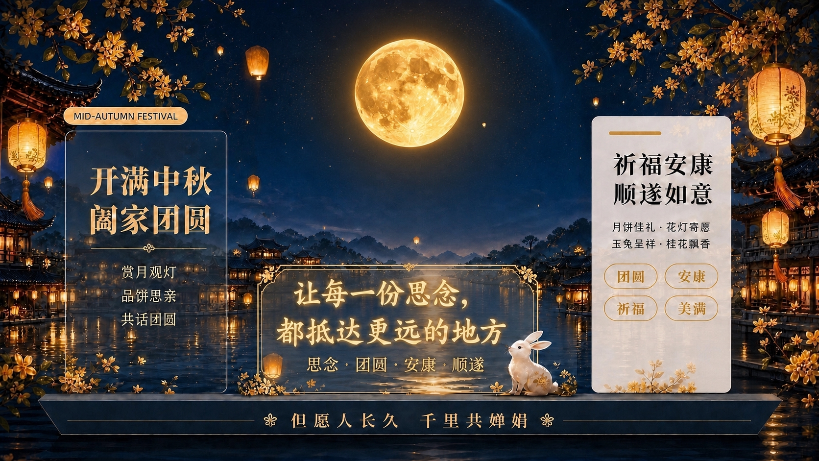将画面中间的月亮改为金黄色的中秋满月，保持月亮的圆形和表面纹理… - 图片创意预览