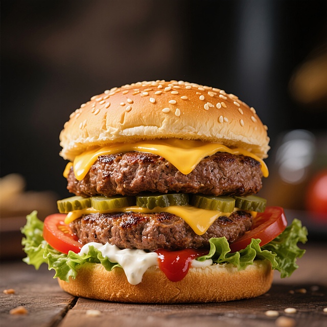 现代感实物风汉堡，重拟物风设计，层次分明，色彩鲜艳，视觉冲击力强。