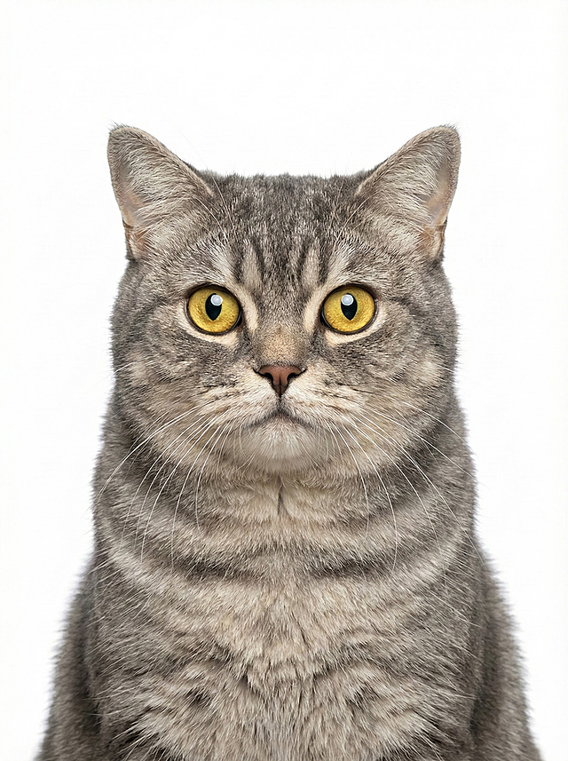 生成这只宠物的护照照片，朝着镜头看，居中，正面，白色背景