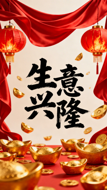 新年喜庆风格的生意兴隆主题海报，画面有金色的元宝、红色的绸缎、红火的灯笼，搭配书法字体“生意兴隆”，整体氛围热闹红火，充满财运气息预览效果