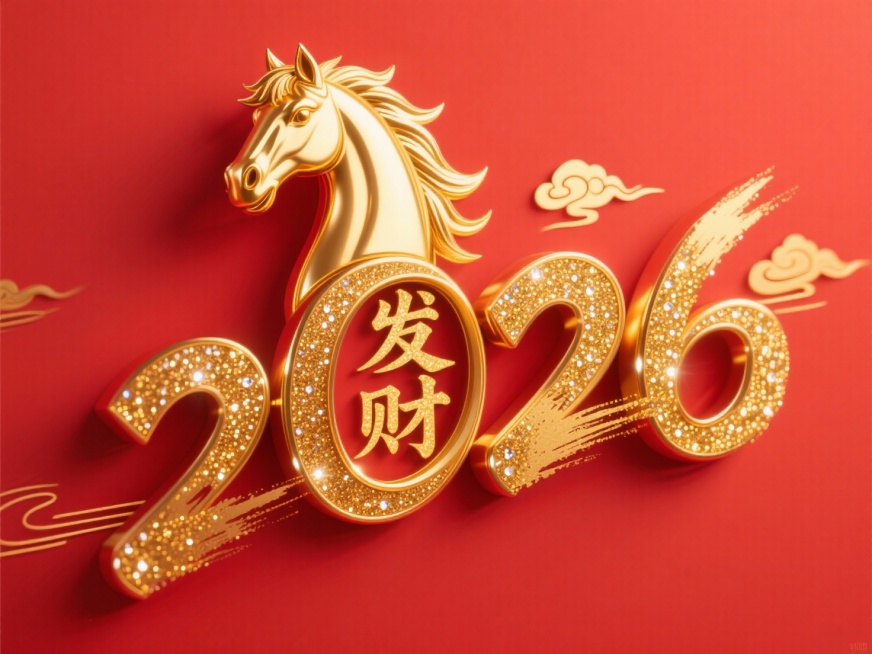 “2026” 立体艺术字，连贯的装饰性字体：首个数字 “2” 融合为金色马首，数字 “0” 内部嵌入 “发财” 字，红色平面背景中，金色闪粉与金色金属的材质布满金色细闪小钻；金色用于马首鬃毛、字边缘带预览效果