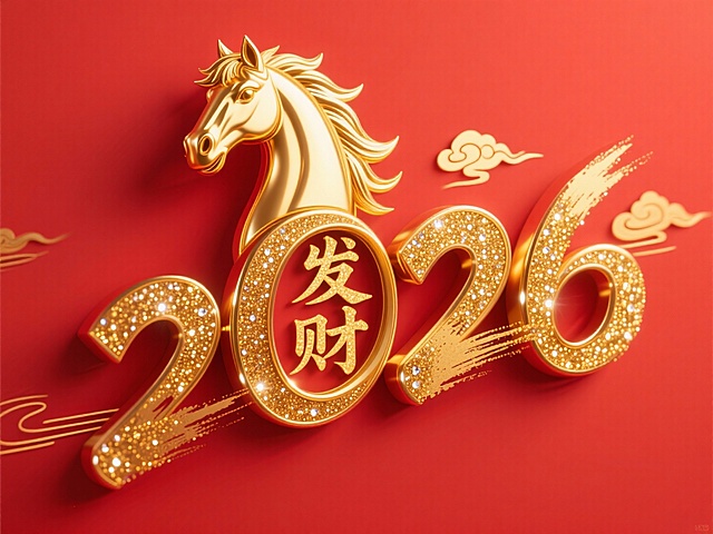 “2026” 立体艺术字，连贯的装饰性字体：首个数字 “2” 融合为金色马首，数字 “0” 内部嵌入 “发财” 字，红色平面背景中，金色闪粉与金色金属的材质布满金色细闪小钻；金色用于马首鬃毛、字边缘带有金色立体描边，数字表面叠加毛笔笔触纹理，周围点缀细线金色祥云装饰