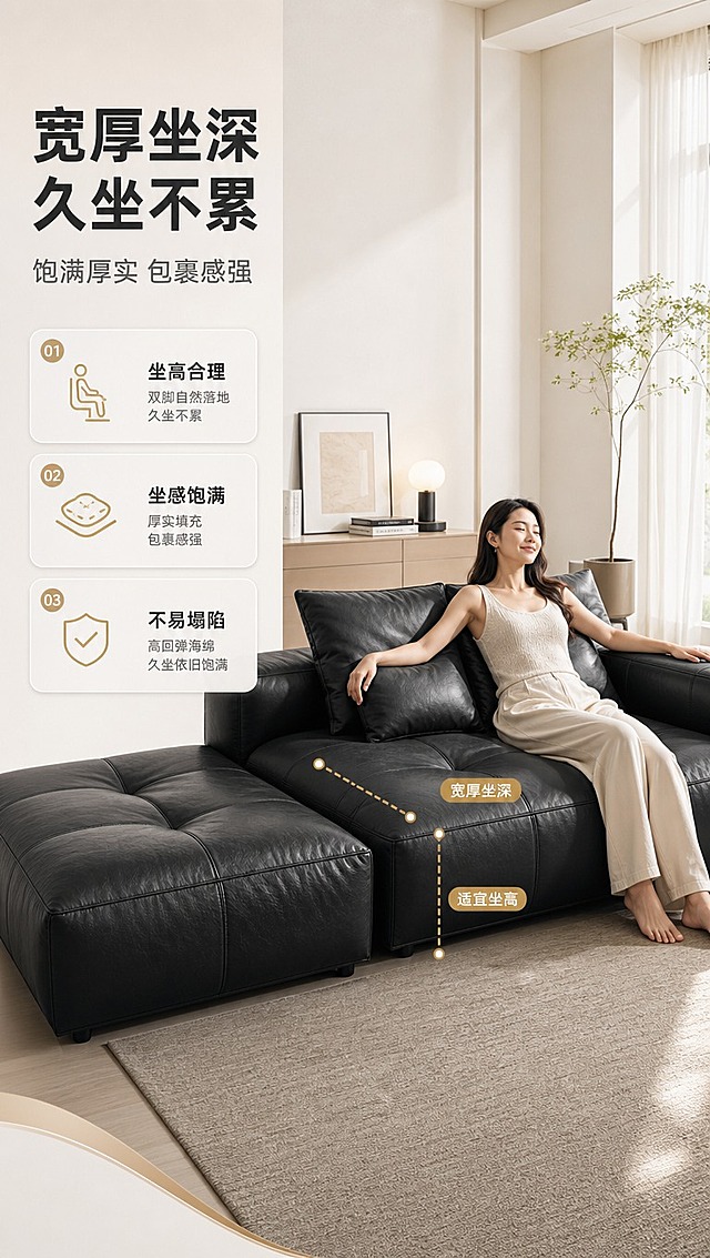 [商品] 使用【图1】黑色皮质模块化组合沙发；保留方正箱体结构、拉扣坐垫、独立靠枕、低矮脚座、完整组合形态；商品处理：增强皮革纹理质感，保持产品原貌。
[画面] 目标：展示宽厚坐深与舒适坐感，真人坐靠体验。左文右图构图，右侧约2/3为场景：亚洲年轻女性自然靠坐在沙发上，身体微微后倾，双手搭在扶手上，表情放松，展示包裹感；左侧1/3为文案+尺寸标注；沙发侧面用虚线标注坐深和坐高尺寸；背景为明亮客厅，暖白自然光。
[视觉] 套系策略：风格=现代轻奢高级商业摄影；标题字=粗黑体现代无衬线；正文字=简洁无衬线体；主色=米白+浅灰；背景延展=基于米白浅灰做深浅层级、同色渐变和细腻哑光质感；强调色=暖金色，仅用于小面积图标、引线和标签；标题色=深炭灰；正文色=中暖灰；组件=圆角浅底信息卡、细线引线、数字序号胶囊；光影=右侧暖白自然光+柔和补光。
[文字] 左侧主标题「宽厚坐深 久坐不累」，副标题「饱满厚实 包裹感强」；3个卖点：「坐高合理」「坐感饱满」「不易塌陷」；沙发旁虚线标注「宽厚坐深」「适宜坐高」（不写具体虚构数值）；文字不遮挡人物和沙发主体。
[规格] 图片比例9:16竖版，4K分辨率，避免变形、错字、文字过小、冷蓝背景、产品颜色改变、人物表情不自然、极限词。