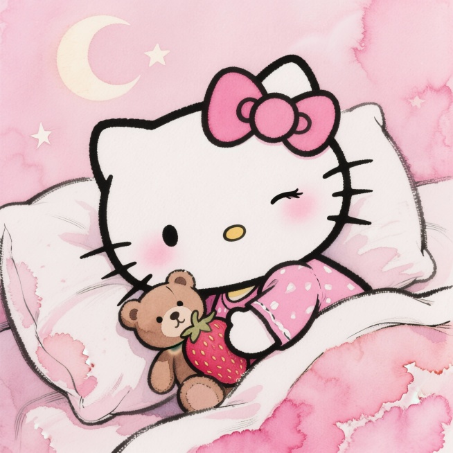 软萌Hello Kitty头像，1:1正方形，粉色草莓睡衣+同款蝴蝶结，脸颊带着困意的浅粉腮红，抱着小熊玩偶靠在枕头边，背景是浅粉色月亮和星星，朦胧柔光质感，慵懒可爱氛围，8K高清，无水印，适合日常温预览效果