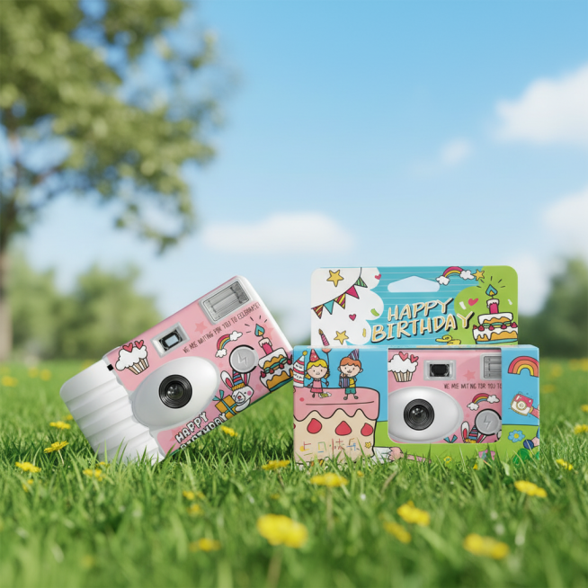 这是一款可以定制的一次性胶片相机，换个背景图，但是不要纯色，不要太胡里胡哨，相机斜靠在外包装盒上，类似于在室外拍照的背景图，相机的款式不要改变，视觉中心是相机，虚化背景，主次要分明，要第一眼就看到相机预览效果