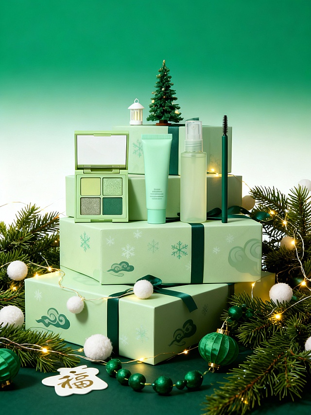 国潮风与微缩艺术结合，双色绿调拼贴设计，喜庆温馨中透出清新时尚感，节日氛围浓厚。