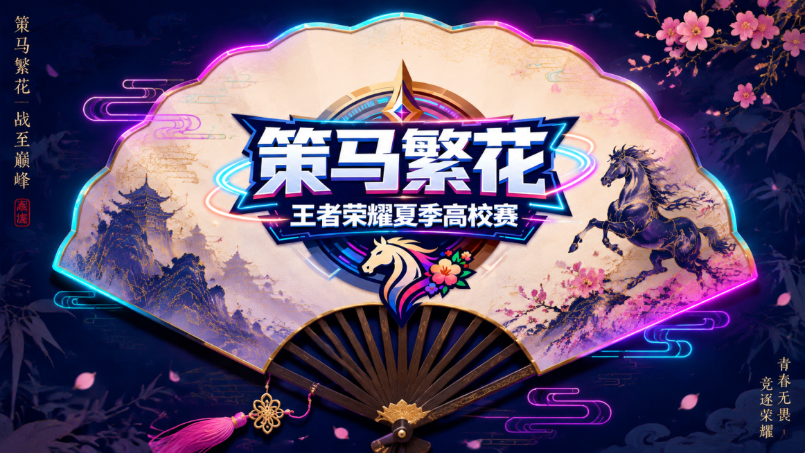 带有策马繁花王者荣耀夏季高校赛logo元素的国风团扇扇面，风格美观精致，结合现代赛博霓虹色彩与传统扇面设计，适合吸引顾客购买预览效果