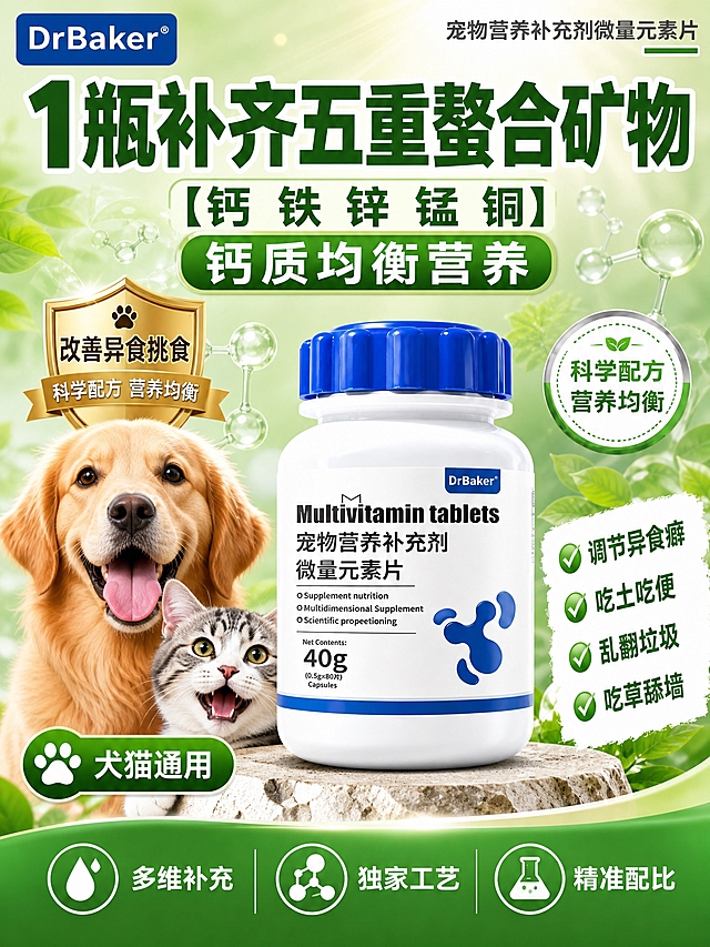 [商品] 使用【图4】DrBaker宠物微量元素片产品图；保留白色瓶身+蓝色瓶盖、DrBaker Logo、标签文字、40g规格；产品居中偏右大主体，旁边有金毛犬和虎斑猫，犬猫通用场景。

[画面] 第5张 功效场景 犬猫通用 改善异食挑食；目标展示适用对象和真实使用效果，让用户想象自家宠物使用后的状态；产品居中偏右占40%，左侧金毛犬和虎斑猫探出头，表情健康活泼；背景清新绿色+叶子装饰+分子球图标；右侧四个勾选卖点，底部三个功能图标；整体温馨有活力，宠物健康状态好。

[视觉] 套系策略：风格=拼多多爆款大字报风 高对比强转化；标题字=超粗黑体 大字醒目；正文字=简洁黑体 清晰可读；主色=深绿+蓝绿渐变；背景延展=绿色系深浅渐变 科技网格 光效光晕；强调色=金色 用于徽章和重点数字；标题色=深绿；正文色=深灰/墨绿；组件=绿色勾选框 爪印图标 圆形功能图标 叶子装饰；光影=自然柔光 宠物毛发真实 产品立体。

[文字] 左上角DrBaker品牌标；右上角小字：宠物营养补充剂微量元素片；主标题超大字：1瓶补齐五重螯合矿物；副标题：【钙 铁 锌 锰 铜】 钙质均衡营养；右侧四个绿色勾选卖点：调节异食癖、吃土吃便、乱翻垃圾、吃草舔墙；左下角爪印图标+犬猫通用；底部三个圆形功能图标：多维补充、独家工艺、精准配比；右侧科学配方 营养均衡圆形徽章；所有文字横排，主标题最大。

[规格] 比例3:4竖版，4K，负向：变形、错字、糊字、水印、平台Logo、宠物表情怪异、毛发错乱、产品颜色改变、医疗化承诺。