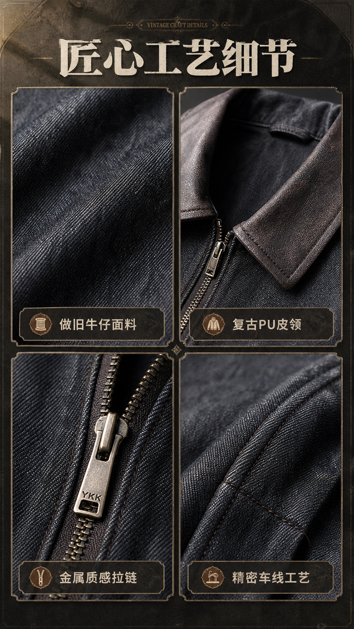 [商品] 使用【图1】复古做旧皮领牛仔夹克；商品处理：保留深灰… - 图片创意预览