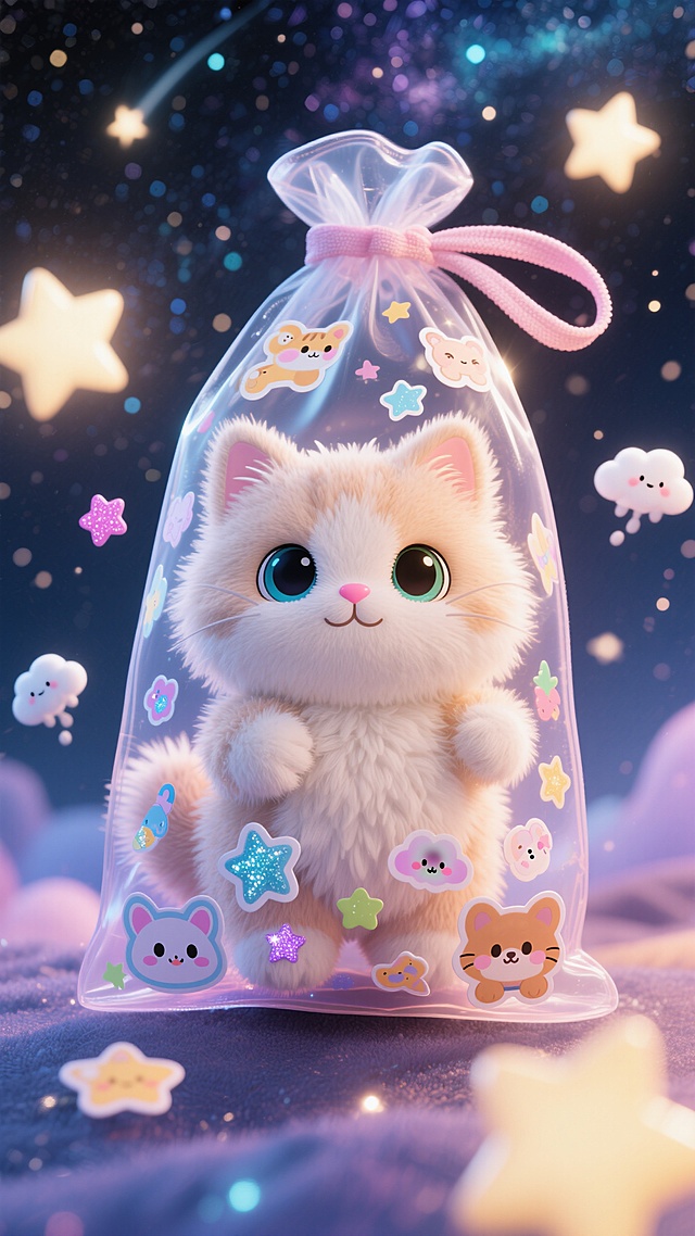 捏捏玩具，Q版软毛毛猫猫，装在透明袋子里，袋子里有各种可爱的小配件，袋子上有各种小贴纸，星空背景