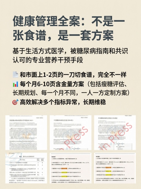 淡米色低饱和度黄米色背景，3:4竖版专业极简健康传播海报。文字区域占比约70%：主标题“健康管理全案：不是一张食谱，是一套方案”用深炭灰色#37474F半粗体无衬线字体，字间距-40，行距1.4；副标预览效果