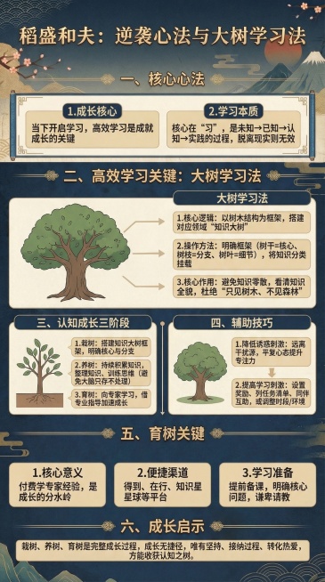 保留所有文字：稻盛和夫：逆袭心法与大树学习法一、核心心法1. 成长核心：当下开启学习，高效学习是成就成长的关键；2. 学习本质：核心在“习”，是未知→已知→认知→实践的过程，脱离现实则无效。二、高效学预览效果