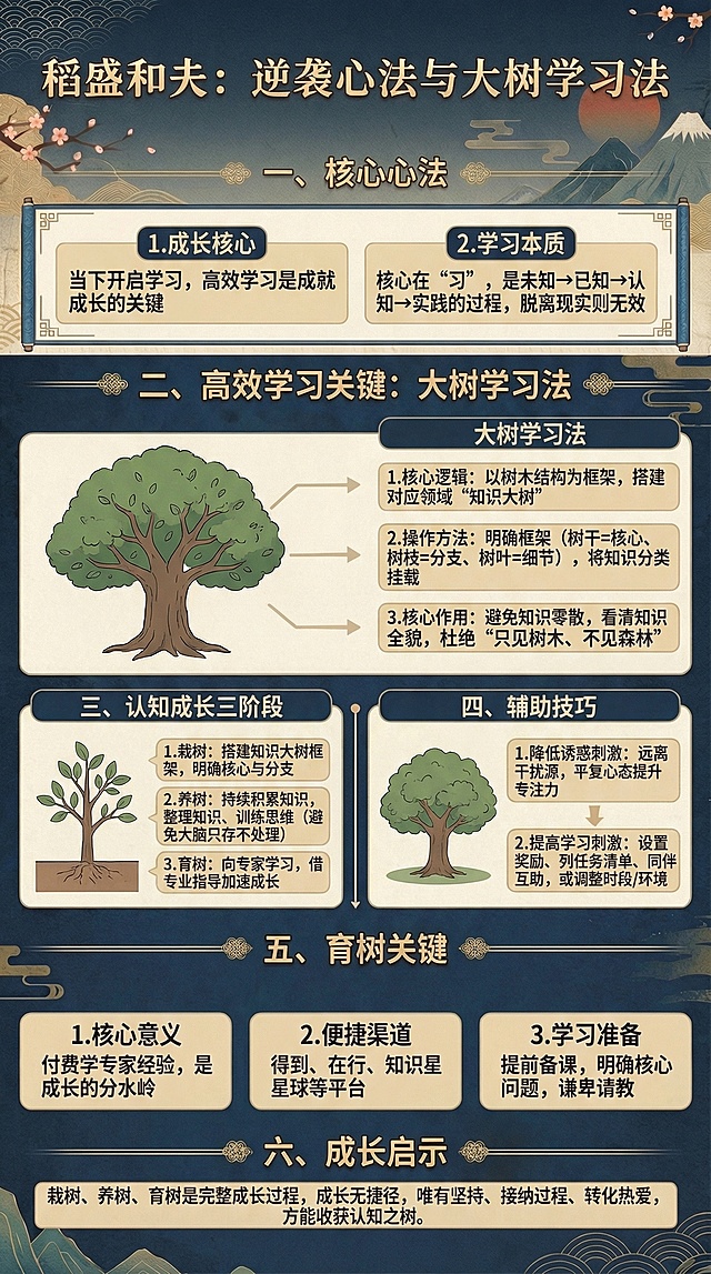 保留所有文字：稻盛和夫：逆袭心法与大树学习法一、核心心法1. 成长核心：当下开启学习，高效学习是成就成长的关键；2. 学习本质：核心在“习”，是未知→已知→认知→实践的过程，脱离现实则无效。二、高效学习关键：大树学习法1. 核心逻辑：以树木结构为框架，搭建对应领域“知识大树”；2. 操作方法：明确框架（树干=核心、树枝=分支、树叶=细节），将知识分类挂载；3. 核心作用：避免知识零散，看清知识全貌，杜绝“只见树木、不见森林”。三、认知成长三阶段1. 栽树：搭建知识大树框架，明确核心与分支；2. 养树：持续积累知识，整理知识、训练思维（避免大脑只存不处理）；3. 育树：向专家学习，借专业指导加速成长。四、辅助技巧1. 降低诱惑刺激：远离干扰源，平复心态提升专注力；2. 提高学习刺激：设置奖励、列任务清单、同伴互助，或调整时段/环境。五、育树关键1. 核心意义：付费学专家经验，是成长的分水岭；2. 便捷渠道：得到、在行、知识星球等平台；3. 学习准备：提前备课，明确核心问题，谦卑请教。六、成长启示栽树、养树、育树是完整成长过程，成长无捷径，唯有坚持、接纳过程、转化热爱，方能收获认知之树。，采用国风复古风格，搭配树木、山峦等元素，排版清晰美观