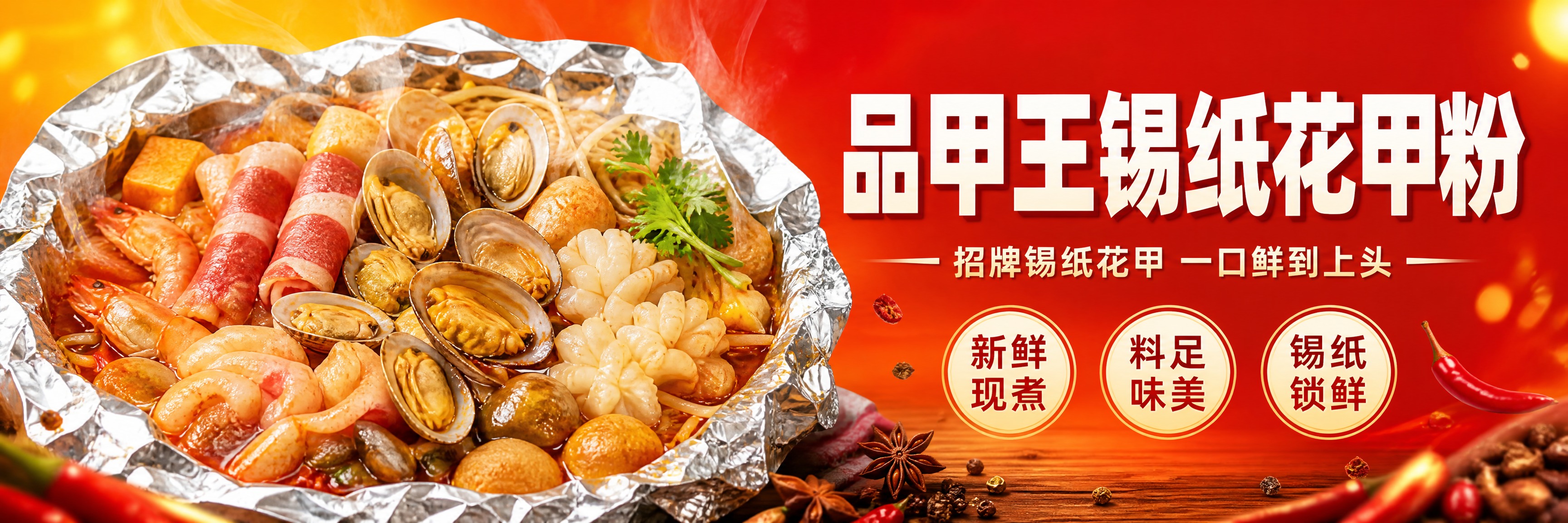 外卖店铺顶部Banner海报设计，超宽横版构图。画面中央偏左是… - 图片创意预览