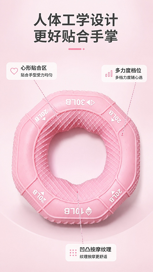 [第3屏] 结构解析页-人体工学设计解析。本屏使用【图1】作为商品主体。
[氛围/风格] 专业细节展示风，浅粉色背景，清晰标注，简约干净的电商质感。
[元素布局] 产品主体居中展示，占比约70%，用引线标注出核心结构：心形贴合区、多力度档位、凹凸按摩纹理，保证产品轮廓、颜色、刻度和原图完全一致。
[光影质感] 中心柔光照明，结构纹理清晰，标注引线纤细不遮挡产品。
[配色色系] 全局底色 #f8f0f4；主粉色搭配白色引线标签，深灰色文字。
[视角构图] 正面平视，产品居中，引线标注分布在四周，信息清晰直观。
[文字版式] 顶部主标题「人体工学设计 更好贴合手掌」，每个标注点对应一句收益说明：贴合手型受力均匀、多档力度随心选、纹理按摩更舒适，文字清晰不拥挤。
[比例分辨率] 9:16 竖版比例，4K分辨率，文字清晰可辨，高清画质。
[负向提示词] 结构变形，文字错位，颜色偏差，标注遮挡主体，水印
