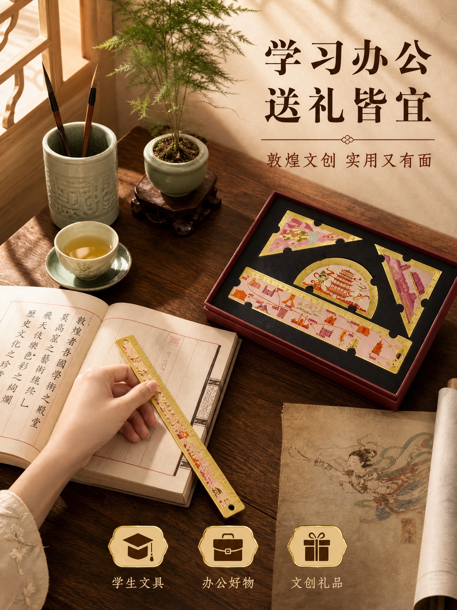 [主图-3] 敦煌金属套尺学习办公使用场景图，展示产品在真实书… - 图片创意预览