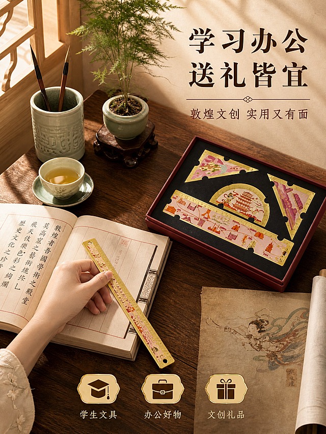 [主图-3] 敦煌金属套尺学习办公使用场景图，展示产品在真实书桌上的使用状态与适用场景。
[统一基调] 国潮敦煌风，暖金棕褐主色调，背景为暖木色书桌场景自然光，标题字色为深褐色，辅助文字为赭石色，强调色为烫金色，字体为宋体衬线体，字号层级分明，整体温暖雅致有生活气息。
[画面] 画面为俯视45度角的中式书桌场景。深棕色实木桌面上，右侧摆放打开的敦煌金属套尺礼盒，礼盒内四件套尺整齐排列。左侧有一只手（年轻女性，手指纤细，肤色白皙）正拿起一把金色直尺，放在一本摊开的线装古籍书上测量，书页上有竖排毛笔字。桌面还摆放着青瓷笔筒插着两支毛笔、一杯清茶（白瓷杯带茶托）、一小盆文竹、一卷展开的宣纸。阳光从左侧窗户斜照进来，在桌面上形成柔和的光影条纹。产品占画面约50%，场景自然真实。
[光影质感] 自然光摄影质感，柔和侧光从左侧窗户射入，形成明暗对比，金属尺面有自然环境反光，木质桌面有纹理质感，整体温暖柔和有氛围感。
[配色] 主色木棕+金色+青瓷绿，背景暖木色，点缀米白宣纸、深褐毛笔、青绿植物，整体暖色调温馨雅致。
[文字版式] 画面右上角主标题"学习办公 送礼皆宜"，深褐色大号宋体分两行排列；主标题下方副标题"敦煌文创 实用又有面"，赭石色中号字；画面底部三个圆角图标从左到右排列："学生文具"配学士帽图标、"办公好物"配公文包图标、"文创礼品"配礼物盒图标，深褐色文字配金色细线边框。所有文字放在画面负空间，不遮挡产品和手部。
[输出要求] 比例3:4，文字清晰可读，产品清晰锐利，手部自然无畸形，场景真实自然，禁止变形、错字、模糊、杂乱、水印、平台Logo。