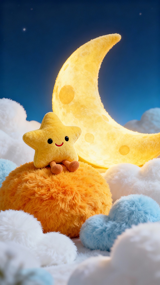 3D渲染风格的可爱插画，以渐变深蓝色为背景，营造宁静梦幻的夜晚氛围。画面中央偏左位置，一个毛茸茸的黄色星星玩偶，有着圆润的身体、短小的四肢和脸上带着微笑的红色嘴巴及黑色圆点眼睛，正坐在一个橙黄色的、质感蓬松的圆形物体顶部。右侧背景中，有一个巨大的、发光的黄色月牙，表面有柔和的光斑，呈现出柔软的毛绒质感。周围点缀着几个白色和浅蓝色的云朵状毛绒物体，整体构图采用三分法，色彩明快和谐，光影柔和，所有元素都具有细腻的绒毛质感，营造出温暖、治愈、童趣满满的视觉效果。